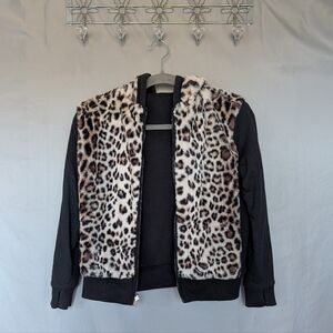 Butter Reversible Leopard Faux Fur Zip Hoodie with Thumb Holes, Girls M (10/12)